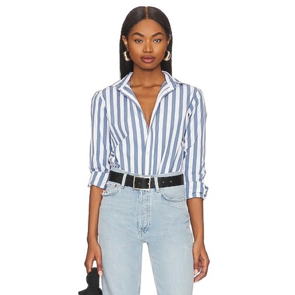 Frank & Eileen Blue White Striped Button Down Shirt Size Medium 100% Cotton